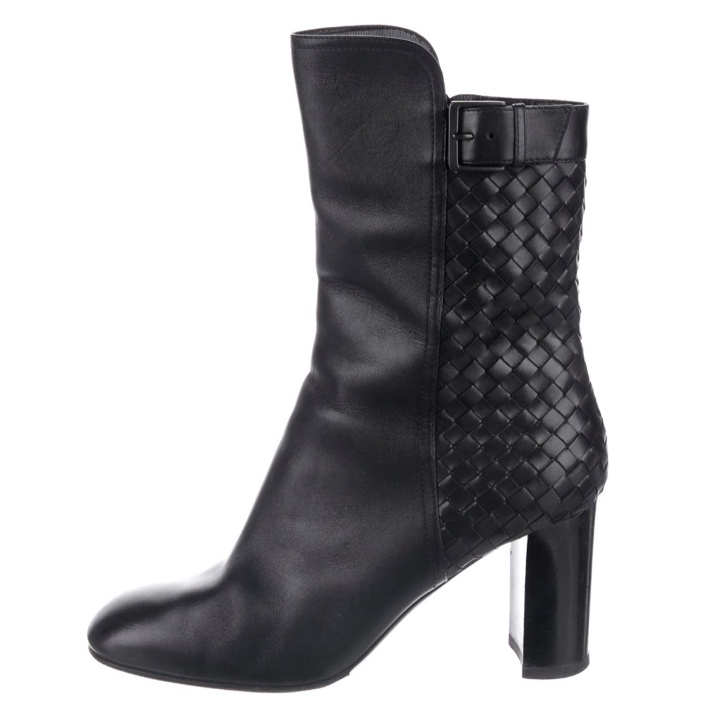 Bottega Veneta Intrecciato Weave Black Leather buckle boots